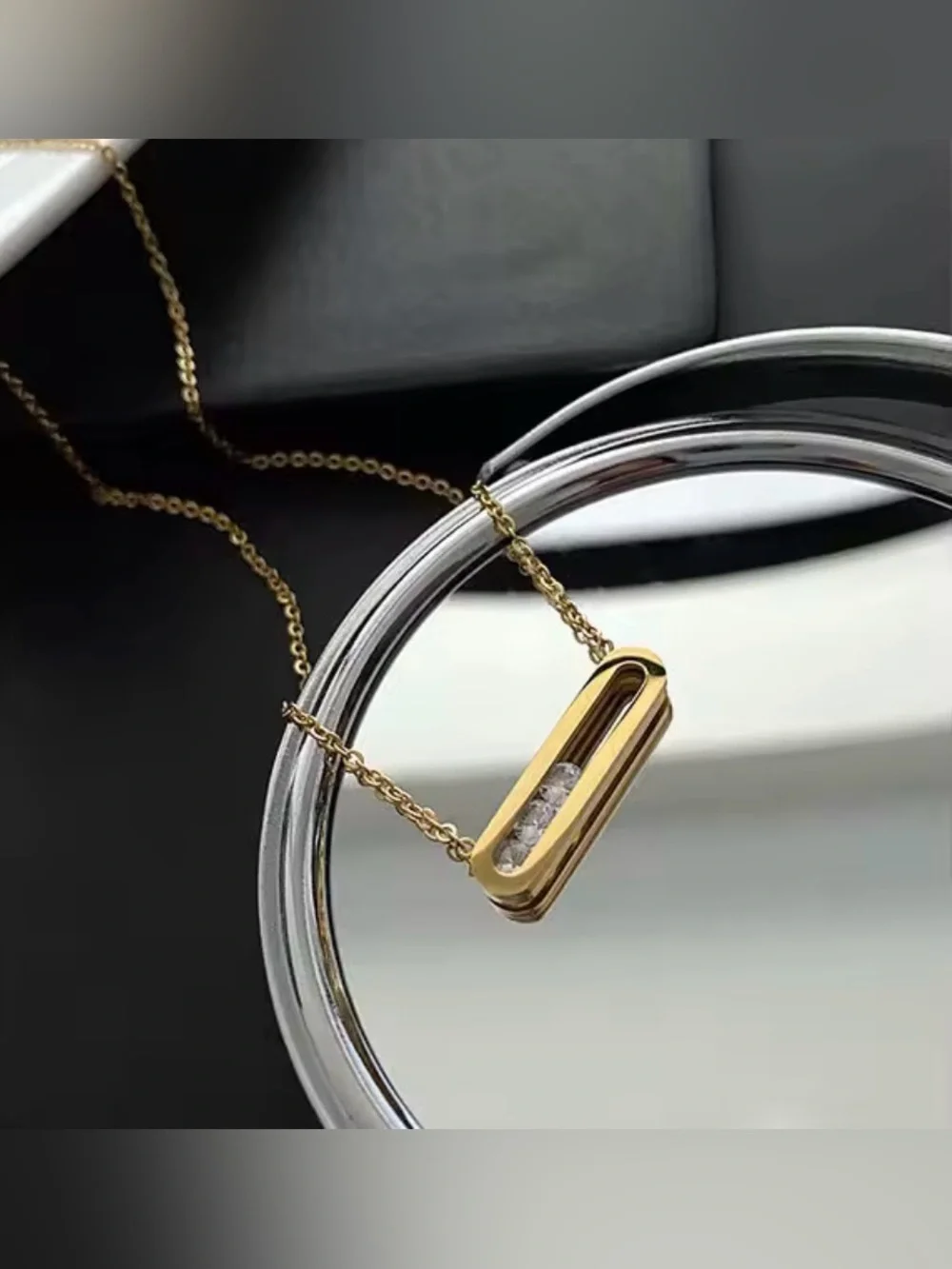 18K Gold Geometrical Link Paperclip Designer Inspired Moving Diamond Necklace
